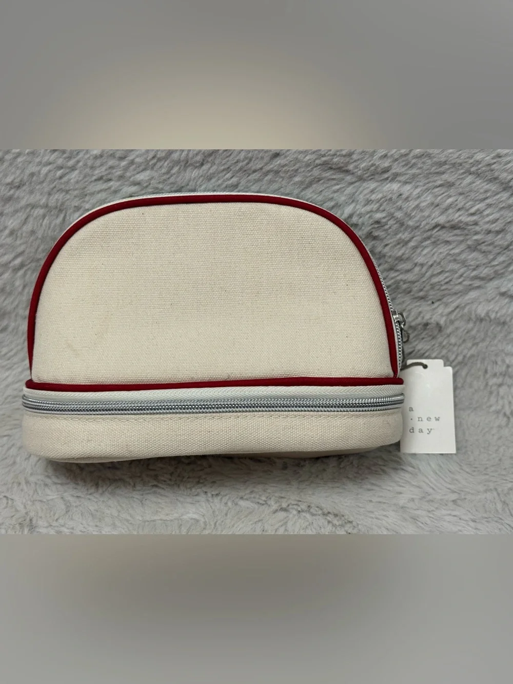 a new day Cream Cosmetic Pouch with Red Trim